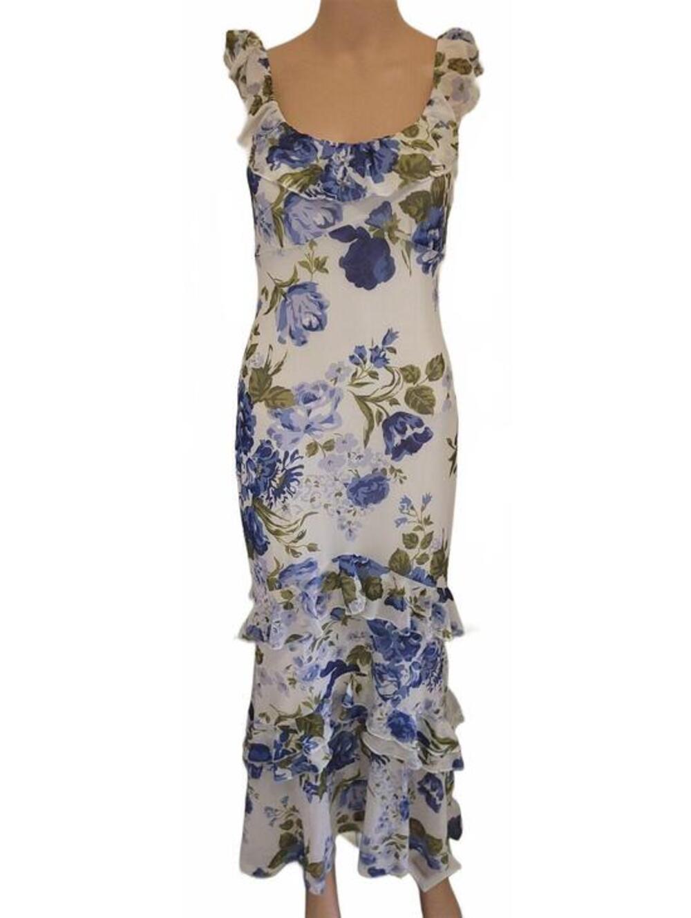 Neresum White Blue Flower Floral Ruffle Maxi Dress Size S